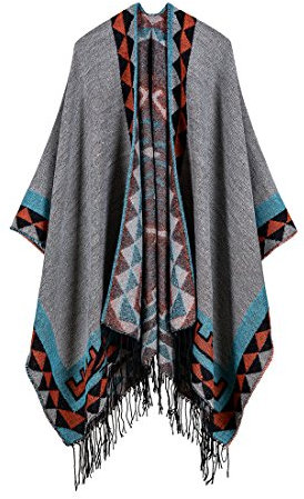 YianBestja Damen Herbst/Winter Poncho mit Quaste, 130 * 150CM Poncho-Schal Überwurf Cape Umhang Wendeponcho für Frau (07-1)