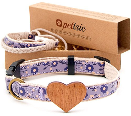 Pettsie Hundehalsband mit Herz und Freundschaftsarmband, einstellbare Größen S und M, Komfortables Designer Hanf, stark und langlebig, tolles Geschenk für Hundeliebhaber, Lila