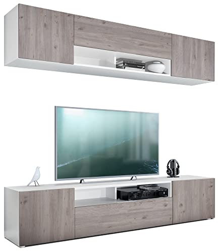 Vladon Wohnwand Mogan, Weiß matt/Eiche Nordic - Moderne Anbauwand bestehend aus 2 TV-Boards (181 x 147 x 35 cm)