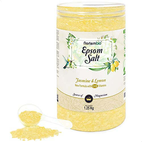 Nortembio Epsom Salz 1,25 Kg. Neuartigen Duft von Jasmin und Zitrone. Hydratisiert mit Vitamin C und E. Badesalz und Körperpflege. E-Book Inklusiv.