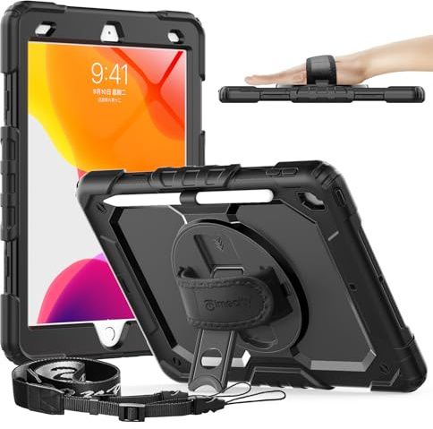 Timecity - Étui de Protection Compatible avec iPad 10,2 Pouces 2019/2020, 8e/7e génération Porte-Stylet, Support Rotatif à 360°, Sangle d'épaule réglable et d'écran intégrée