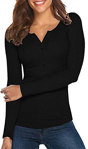 Hiistandd Women's Shirt Long Sleeve Fashion Solid Color Button V Neck Slim Fit T-Shirt Sexy Tops(A-Black,Small)