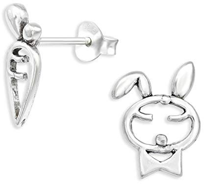 Monkimau Hase mit Karotte Ohrstecker aus 925 Sterling Silber schwarz oxidiert