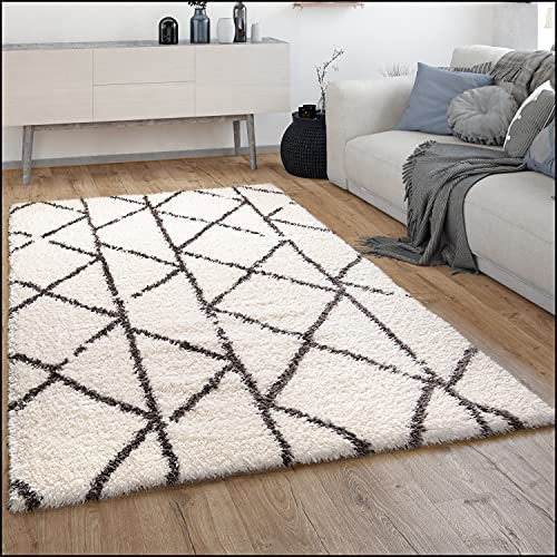 Paco Home Hochflor Teppich Wohnzimmer Shaggy Langflor Skandinavisches Rauten Muster Modern, Grösse:200x290 cm, Farbe:Creme 5