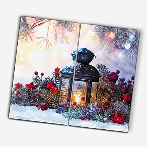 Coloray Glas Schneidebrett zu Weihnachten Herdabdeckplatte Spritzschutz Gehärtetes Glas 2x30x52cm Servieren von Speisen Glasabdeckplatte - Weihnachts Laterne Kugeln Schnee