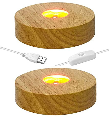 CDIYTOOL Base de luz LED de madera, paquete de 2 unidades redondas de luz LED, placa base de dispaly, adorno alimentado por USB para joyería de cristal de resina de arte florero acrílico (colorido)