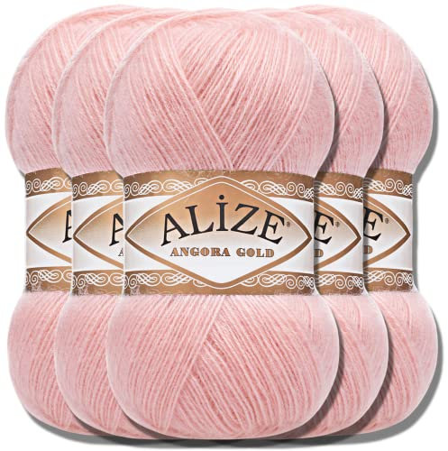 Hobby YARN Alize 5x 100g Angora Gold Türkische Premium Wolle Dünne Mohair aus Schurwolle Babywolle als Strickgarn Handstrickgarn Einfarbig Uni Yarn (Wedding Pink | 363)
