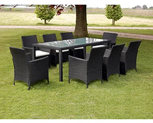 Gecheer 9-TLG. Garten Essgruppe, Terrassenmöbel Set 8 Personen, Sitzgruppe Esstisch mit Glas-Tischplatte & 8 Rattan-Stühle mit Sitzkissen, Gartenmöbel Set Schwarz