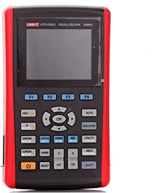 UTD1025CL Osciloscopio de memoria digital portátil con 25 MHz, 1 canal, 200 Msa/s, velocidad de muestreo 2 en 1: osciloscopio y multímetro de medición para voltaje, corriente, ohmios, 3 contadores de