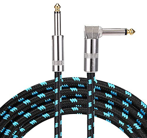 Professional 3ft 6.35mm 1/4 Braided Noiseless 1 Meter Guitar Amp Lead L Shaped 90 Degrees Jack Straight to Right Angle Instrument Cord for Electric Guitar, Bass, Amp, Keyboard