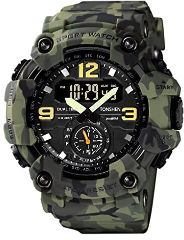 TONSHEN Herren Uhr Digitaluhr Sportuhr Analog Quarz LED Elektronik DREI Zeit 50M Wasserdicht Outdoor Militär Uhren Alarm Datum Stoppuhr Plastik Armbanduhr (Grün Camo)