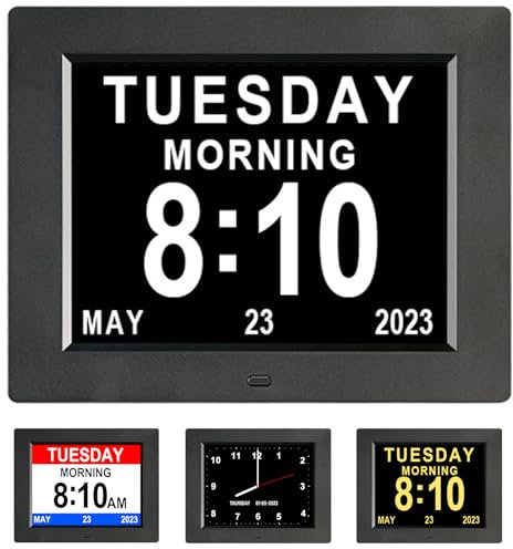 Golony Reloj digital de día con calendario para personas mayores, extra grande, con fecha y hora, con 12 alarmas para personas con problemas de visión, Alzheimer (8 pulgadas, negro)