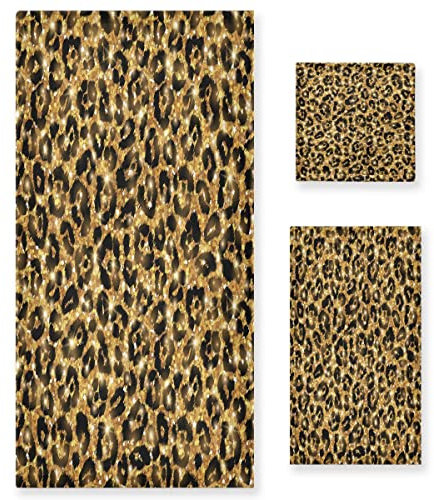 RPLIFE Gold Glitter Leopard Muster - 3-teiliges Handtuch-Set, enthält Badetücher + Handtücher + Waschlappen, weiche Küchentücher für Hotel, Küche, Zuhause, Fitnessstudio