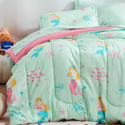 SLEEP ZONE Kinder-Bettwäsche-Set, süßes, weiches Bettwäsche-Set für Kinder mit Bettdecke, Bettlaken, Spannbettlaken, Kissenbezug und Kissenhülle, Meerjungfrauen-Prinzessin-Design, Twin-Bett, 5-teilig