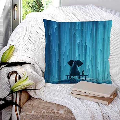 Kissenbezug 45x45 cm,Tierischer Elefant und Hund beobachten Wasserfall Teal Blue, Kissenbezug Dekorative Quadrat Sofa Kissenbezug für Home Decor Favor, mit unsichtbarem Reißverschluss