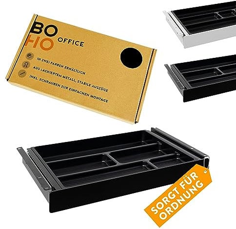 boho office® Schublade „Basic“, Stiftablage, Organizer fürs Büro, Unterbauschublade, Utensilien-Auszug, schwarz, 40,5 x 24,9 cm zur Befestigung unterhalb der Schreibtischplatte mit praktischem Einsatz