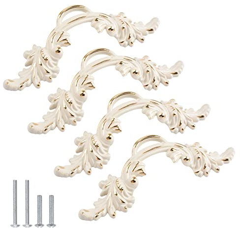 MOROBOR 4pcs European Style Dresser Handles, Cream Ivory White & Gold Edge Vintage Cabinet Handles, 2.5 Inch Mounting Hole Distance, for Elegant Furniture Pulling