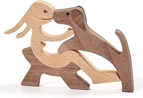 Jognee Handgefertigte Holzstatue, Welpen-Holzschnitz-Ornamente, herzerwärmendes Geschenk für Hundeliebhaber, Bastelfigur, Holz, kleine Dekorationen für Zuhause, Büro, Wohnzimmer (B - Damen + Hund)
