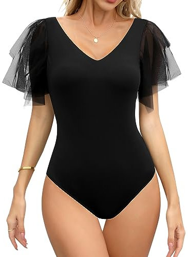 Missufe Body Elegant Kurzarm Sommer Top Damen V Ausschnitt Oberteil T Shirt (schwarz, klein)