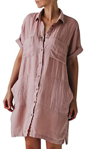 AMDOLE Abiti per ritorno a casa Abito estivo da donna in cotone a maniche corte irregolare con tasca abito aderente a maniche lunghe, rosa, L