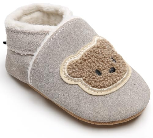 IceUnicorn Krabbelschuhe Baby Winter Lauflernschuhe Baby Gefüttert Lederschuhe Babys Weiche Leder Wildledersohlen Lederpuschen(Grauer Bär P, 2-3 Jahre)