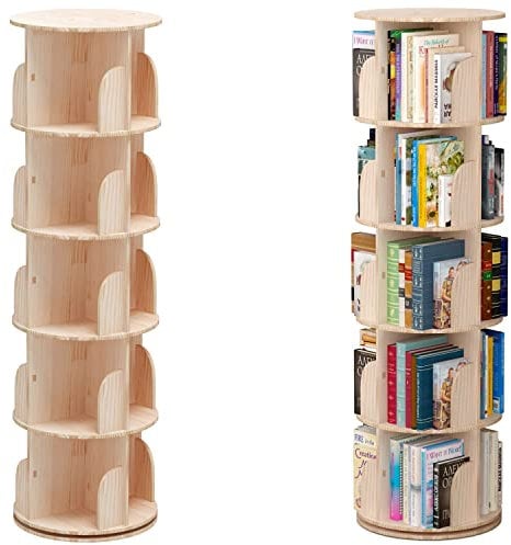 PTUWODS Drehbares Bücherregal, Standregal, 360 Grad, Lagerregal für Kinder und Erwachsene, multifunktionales Bücherregal Massivholz (5 böden)
