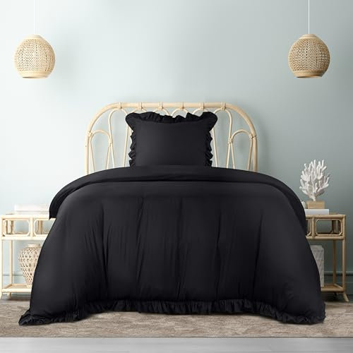 Utopia Bedding Rüsche Bettwäsche 135x200 Set - Mikrofaser Bettbezug 135x200 cm + 1 Kissenbezug 80x80 cm - Schwarz
