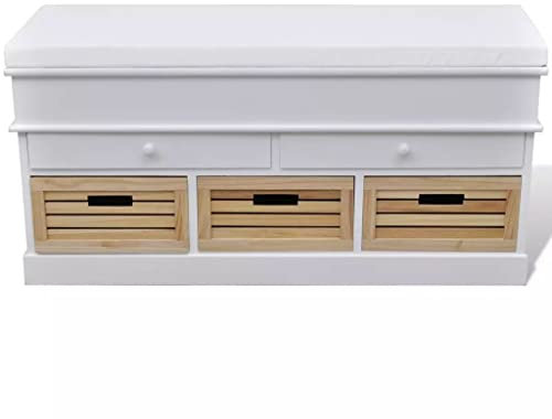 Gecheer Flurbank Aufbewahrungsbank mit Stauraum und Sitzpolster Schubladenschrank Sitzbank mit 2 Schubladen und 3 Kisten,aus Paulownia-Holz und Sperrholz,100 x 35 x 50 cm, Weiß