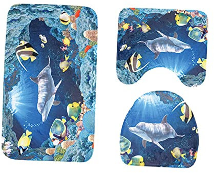 PRETYZOOM Badezimmermatten-Set Delfin Unterwasser Muster Blau rutschfest Saugfähig Waschbar Wc Vorleger Antirutsch Badgarnitur Mit Weichem Material Und Schnelltrocknendem Design