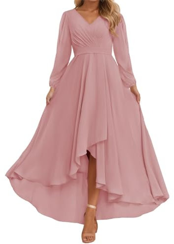 Robes de demoiselle d'honneur avec manches et col en V en mousseline de soie froncée longue robe de soirée formelle, Rose poudré., 42