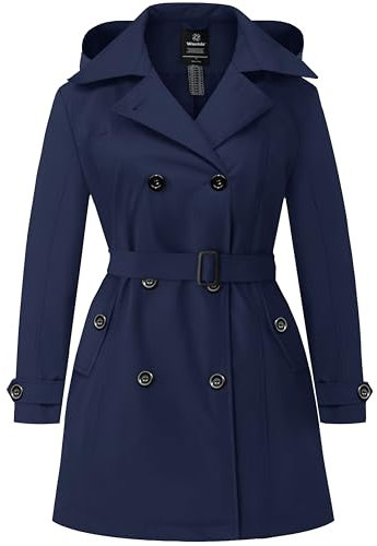 Wantdo Femme Trench-Coat Grande Taille Veste Coupe-Vent Manteau Imperméable pour Femmes avec Capuche Amovible Trench mi-Long à Double Boutonnage et à Revers Bleu Marine 62-64