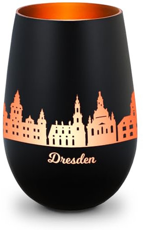 GRAVURZEILE Deko Windlicht aus Glas mit Gravur - Skyline Dresden - Hochwertige 360° Lasergravur - Dekoratives Geschenk als Andenken, Souvenir oder für Sammler zum Geburtstag - Farbe: Schwarz/Bronze