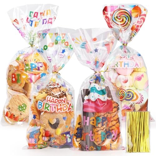 Bigqin 100 pièces Sachet Plastique Sac d'emballage de bonbons d'anniversaire, 4 modèles Sachet Bonbons Sachets Transparents pour Biscuits Pochette avec Cravates Torsadées pour Les, 27 x 12,5 cm