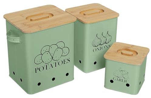Kitchen Canisters Set, Storage Bin for Potato Onion & Garlic, 3 Pack Set Countertop Pots Containers with Wooden Lid - Potato Storage, Garlic Bin, Onion Keeper Tin with Aerating Holes-Green