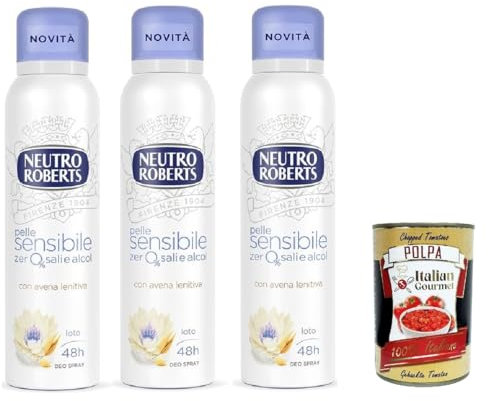 Neutro Roberts Deodorante Spray Avena, Deospray für Empfindliche Haut mit Hafer und Lotus Blume, Wirksam 48 Stunden Ohne Salze und Alkohol - 3x 150ml + Italian Gourmet polpa 400g