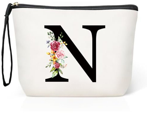 Personalisierte Initialen Große Make-up-Tasche, Schminktasche Damen, Reise Canvas Kosmetiktasche, Geburtstagsgeschenke für Frauen und Mutter, Geschenke für Freundinnen, Braut und Brautjungfern N