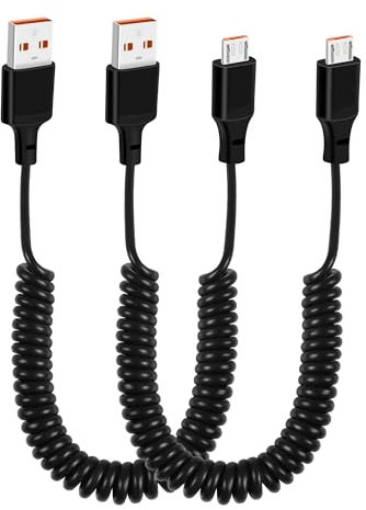 GELRHONR 2 cables de carga micro USB, USB a Micro USB, compatible con transferencia de datos, cable espiral para smartphone, tablet y cargador de coche (máx. 1,5 m/4,9 ft)