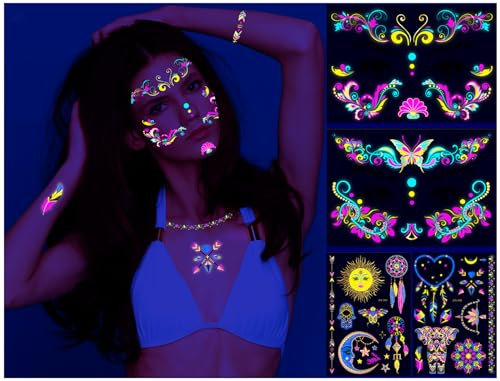 Temporäre Tattoos 4 Blätter, Gesichtstattoo Fake Tattoos Erwachsene Kinder Festival Accessoires Zubehör,Leucht Tattoo Unter Neon UV Schwarzlicht,Fluoreszierende Klebetattoos,Lustige Party Gadgets