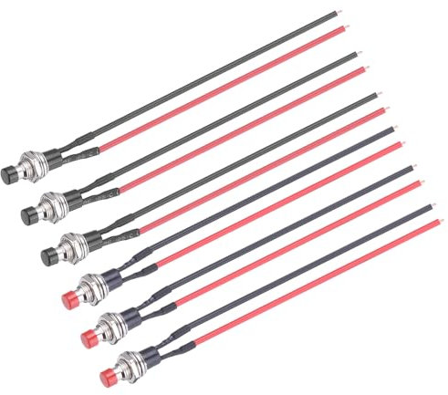 sourcing map Set of 6 1A 250V AC 7mm Mini Momentary Push Button Switch SPST PBS-110 NO Black/Red Switch Button with Pre-Soldered Wires for Electronic Devices Household Appliances