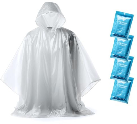 ZENO Rain Poncho Waterproof Adult - Festival Poncho - Waterproof Poncho - Disposable Poncho Clear with Hood - Emergency Poncho for Hiking, Cycling, Camping, Concert - Poncho Pack of 4