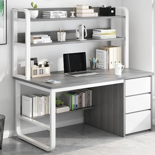Schreibtisch im Industriedesign für das Homeoffice, mit Aufsatz und Bücherregal, Computertisch mit 3 Schubladen, Schreibtisch-Arbeitsplatz für Zuhause und das Büro
