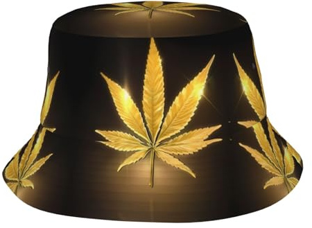Golden Cannabis Unisex Bucket Hat - Reflektierende Rave-Hüte, Leicht und Faltbar, Perfekt für Outdoor, Party & Reisen, Schwarz, One Size