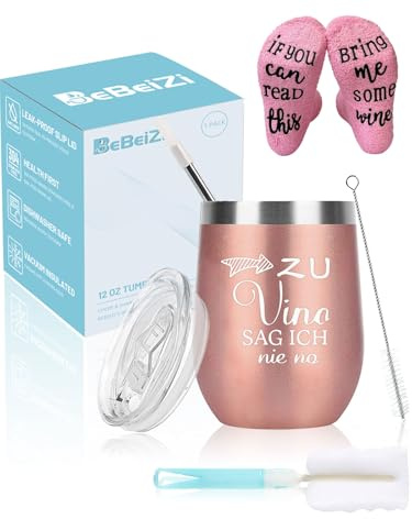 Geschenke für Freundin, Weinbecher Geschenkset mit Wein Socken, Strohhalm, Edelstahl Weinbecher mit Deckel, Tassenbürste,Vakuumisoliert Thermobecher to go, Weihnachtsgeschenke, Geburtstag Geschenke