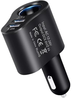 Generic Car Charger Splitter, 12v/24v Fast Charging Outlet, Dual-tone Black, USB 2.1A, 80W, Compatible with Smartphones, Tablets, GPS, Dash Cams, Vacuums, Fridges, Other Car Accessories