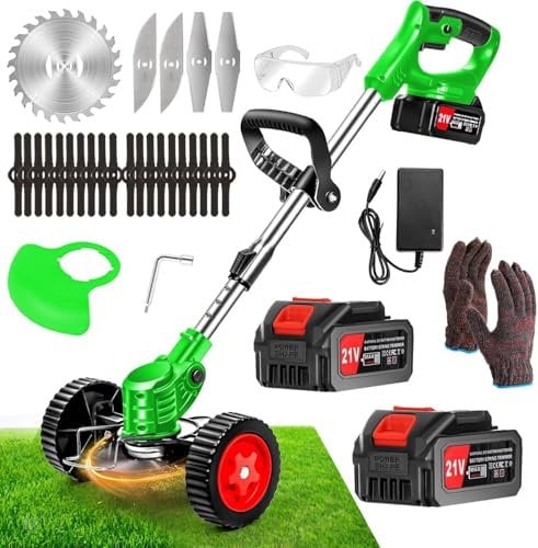 Decespugliatore Tagliabordi a Batteria 21V, Tagliaerba Elettrico da Giardino con 2 2.0Ah Batterie e 4 Tipi di Lame, Ruote Rimovibili, Maniglia Regolabile Decespugliatori per Prati, Arbusti