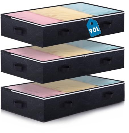 Boic 3 Packs 90L Under Bed Storage, Large Underbed Storage Bags With Lid, Foldable Under Bed StorageBag, Clothes Storage Bag With Handle For Toys Blankets Duvet Clothes Storage Solutions (Black)