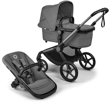 Bugaboo Fox 5 Renew, 2-in-1 Kinderwagen für jedes Gelände, mit Liegewanne und ausziehbarem Kleinkindsitz, praktische Ein-Hand Faltung, Fahrgestell in Graphit und Sonnendach in Moon Grey