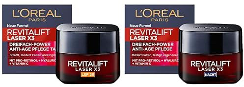 L'Oréal Paris Revitalift Laser 2er Set: Tagescreme LSF 25 & Nachtcreme – Pro-Retinol, Hyaluronsäure & Vitamin C für Straffere Haut & Weniger Falten