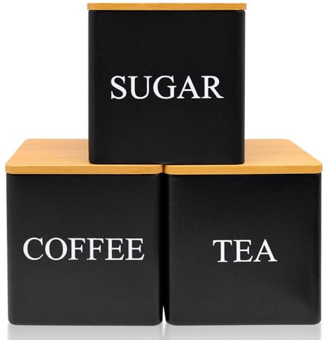 JJQHYC Set of 3 Tea Coffee Sugar Canisters Stackable Tins Containers with Bamboo Lid, Tea and Coffee Canisters Set, Black