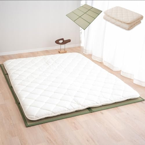 EMOOR Japanische Futon Matratze CLASSE 160 x 200 cm und Faltbare Tatami Matte (Igusa Matratze) Set, Faltbar Schlaf Traditionelle Boden Bett Pad Baumwolle